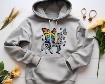 Rainbow Zebra Hoodie. Zebra Butterfly Top. Rainbow Mane Sweat. Fantasy Zebra Gift. Rainbow Animal Hood. Mythical Creature