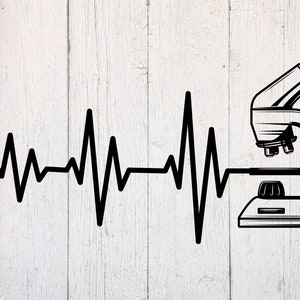 May include: Black and white illustration of a microscope with a heartbeat line extending from the microscope's lens.