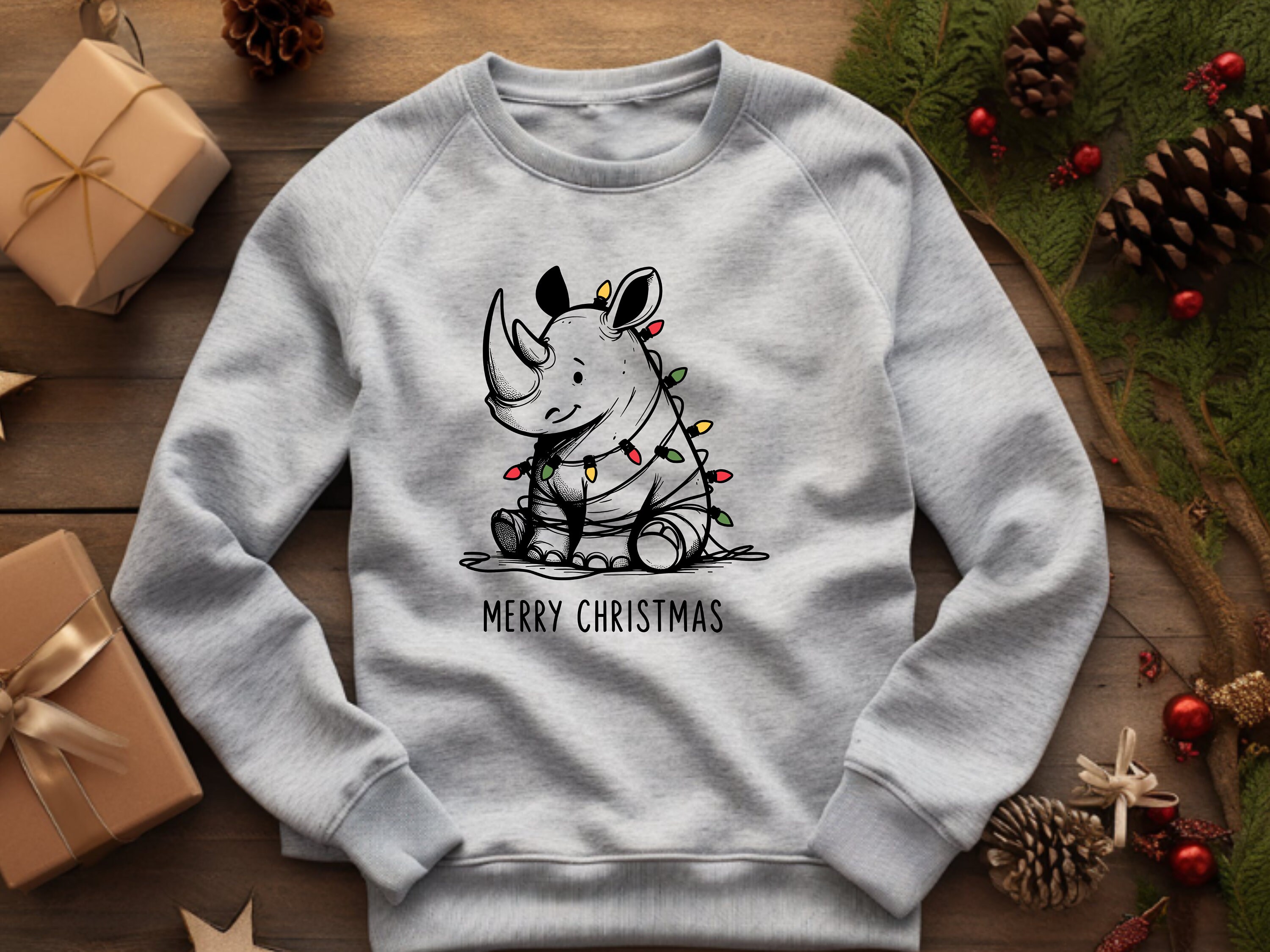 Rhino Sweater. Festive Rhino. Animal Xmas. Holiday Sweatshirt