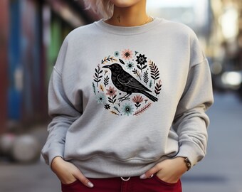 Grackle Sweater. Grackle Gift. Floral Sweater. Flower Sweater. Bird Crewneck. Bird Lover Gift. Bird Watcher Gift. Ornithology Gift #FC534