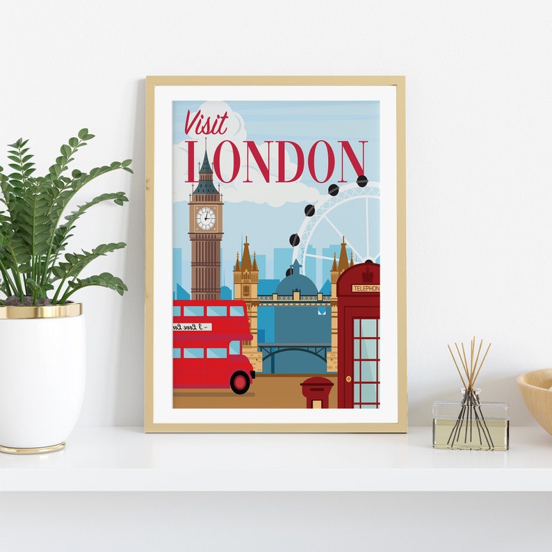 May include: A vintage-style poster with the text "Visit London" in red and white letters. The poster features iconic London landmarks, including Big Ben, the London Eye, a red double-decker bus, and a red telephone booth.