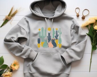 Cat Hoodie. Cat Gift. Cat Sweatshirt. Cactus Hoodie. Cactus Gift. Sun-lit Hoodie. Relaxation Hoodie. Cat Lover Gift. Cactus Lover Gift