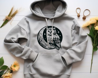 Owl Moon Hoodie. Owl Lover Gift. Owl Sweatshirt. Crescent Moon Top. Animal Hoodie. Bird Lover Gift. Nocturnal Bird Tee. Night Owl Hoodie