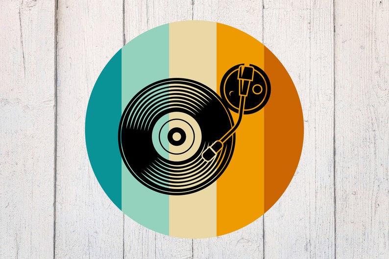 May include: A retro-style illustration of a record player with a black vinyl record on a turntable. The background is a circle with vertical stripes in shades of teal, beige, and orange.