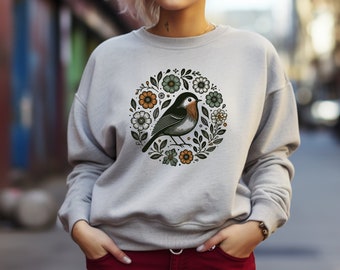 Robin Sweater. Bird Crewneck. Floral Sweater. Flower Sweater. Robin Gift. Bird Lover Gift. Bird Watcher Gift. Nature Lover Gift #FC542