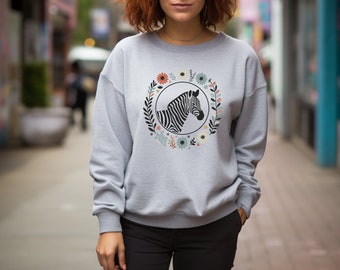 Suéter de cebra. Regalo de cebra. Suéter floral. Sudadera de flores. Estampado de cebra. Regalo para amantes de las cebras. Cuello redondo de animales salvajes. Jersey Safari