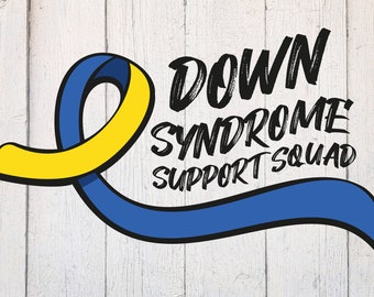 May include: A yellow and blue ribbon with the text "Down Syndrome Support Squad" in black lettering.