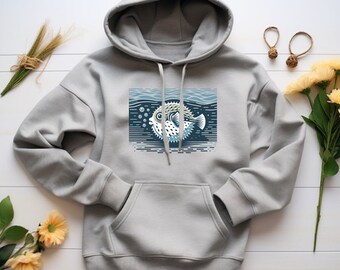 Pufferfish Hoodie. Pufferfish Gift. Ocean Waves Hoodie. Ocean Lover Gift. Retro Style Hoodie. Retro Art Sweatshirt. Fish Lover Hoodie #FC779