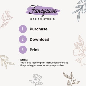 May include: A graphic with three steps for purchasing a printable design: Purchase, Download, Print. The graphic includes floral illustrations and the text "Fancycase Design Studio".