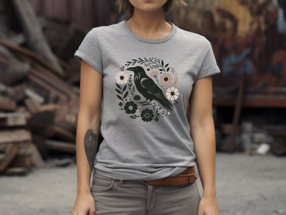 Raven Shirt. Raven Gift. Floral Shirt. Flower Tee. Raven T-shirt. Bird Shirt. Bird Lover Tee. Black Bird Shirt. Nature Lover Tee #FC205