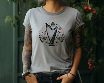 Harp Shirt. Harpist Tee. Harp Gift. Floral T-shirt. Flower Shirt. Harpist Top. Harp Player Gift. Music Shirt. Musician Tee #FC287