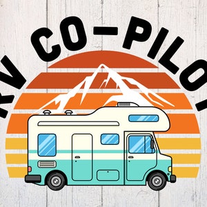 May include: A graphic design featuring a stylized RV with a mountain and sunset behind it. The text "RV CO-PILOT" is written around the image.