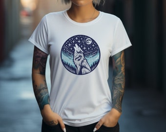 May include: White t-shirt with a blue and white graphic of a wolf howling at the moon with stars in the night sky.