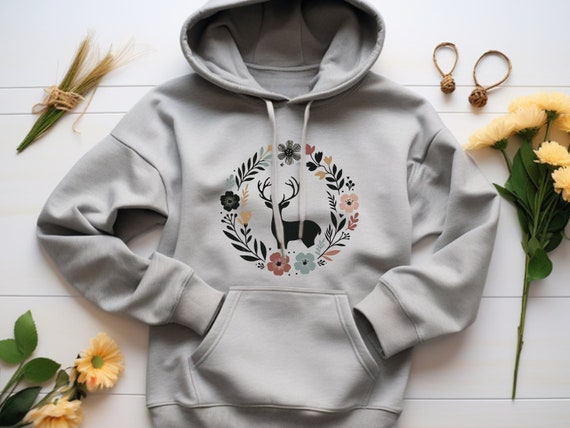 Deer Hoodie. Deer Sweatshirt. Floral Hoodie. Flower Hoodie. Deer Hunter Gift. Forest Animal Hoodie. Wildlife Hoodie. Nature Lover