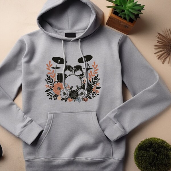 Drum Set Hoodie. Drum Set Gift. Floral Hoodie. Flower Hoodie. Percussion Hoodie. Drummer Sweatshirt. Music Hoodie. Drumming Gift