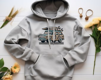 Beach Hoodie. Surf Hoodie. Surfer Gift. Beach Sweatshirt. Surfing Gift. Surfboard Sweatshirt. Woodie Wagon Tee. Coastal Gift