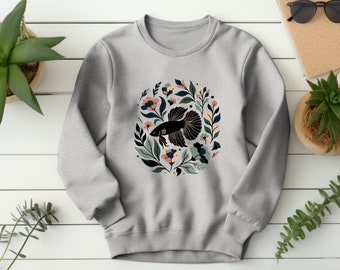 Suéter de pez Betta. Regalo de pez Betta. Suéter floral. Cuello redondo de flores. Cuello redondo del acuario. Regalo para cuidador de peces. Regalo del amante de Betta