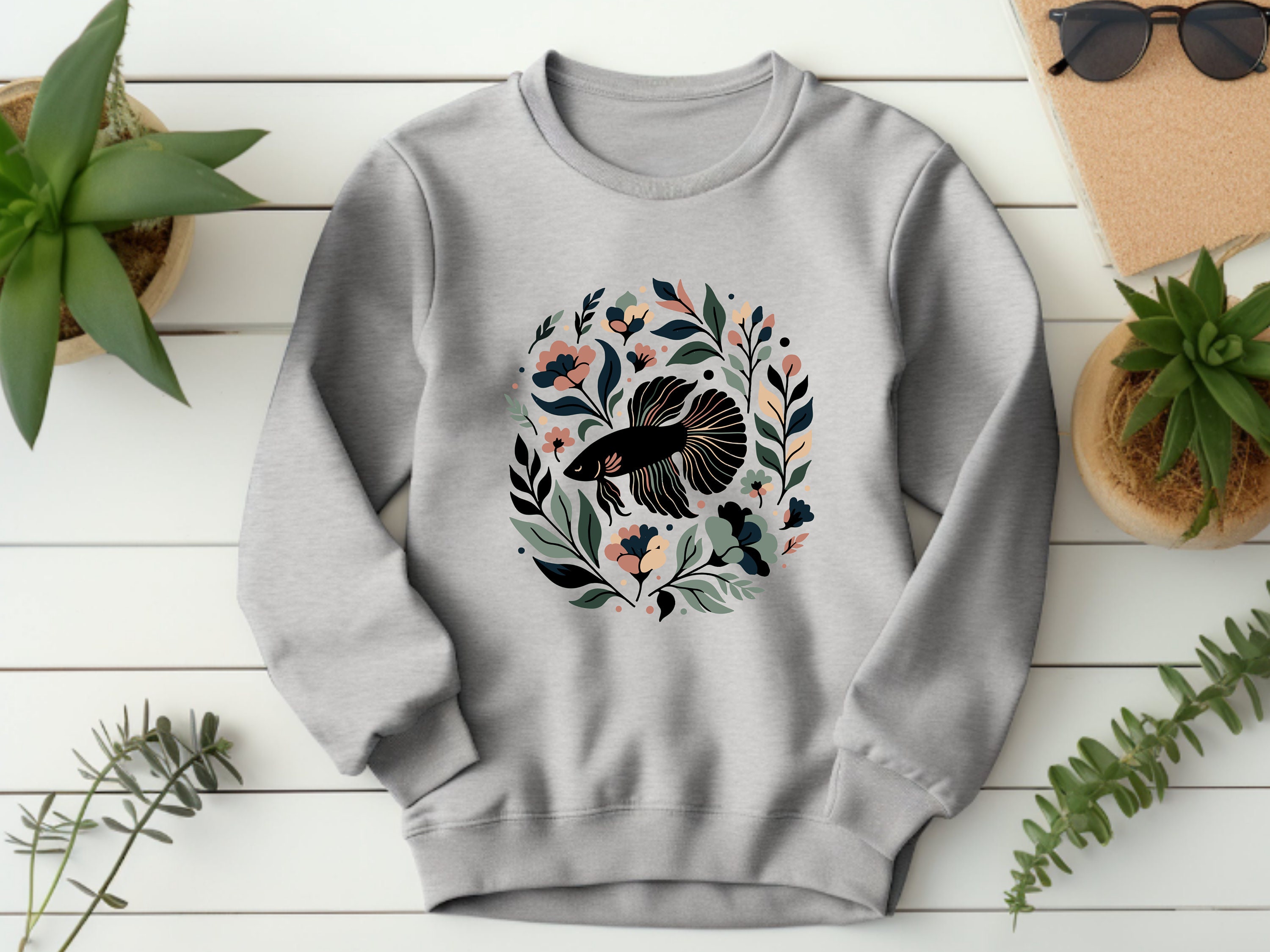 Betta Fish Sweater. Betta Fish Gift. Floral Sweater. Flower Crewneck ...