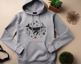 Whale Hoodie. Whale Gift. Floral Hoodie. Flower Hoodie. Ocean Hoodie. Marine Life Gift. Humpback Gift. Sea Animal Hoodie #FC499