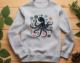 Octopus Sweater. Octopus Gift. Floral Sweater. Flower Sweatshirt. Sea Creature Wear. Ocean Life Crewneck. Cephalopod Sweater