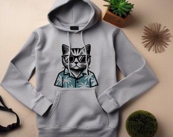 Cat Hoodie. Cat Lover Gift. Cat Sweatshirt. Cool Cat Hoodie. Hawaiian Cat. Sunglasses Cat. Feline Hoodie. Feline Gift. Cat Owner Gift