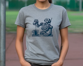 May include: A gray t-shirt with a blue illustration of a robot pouring coffee into a cup.