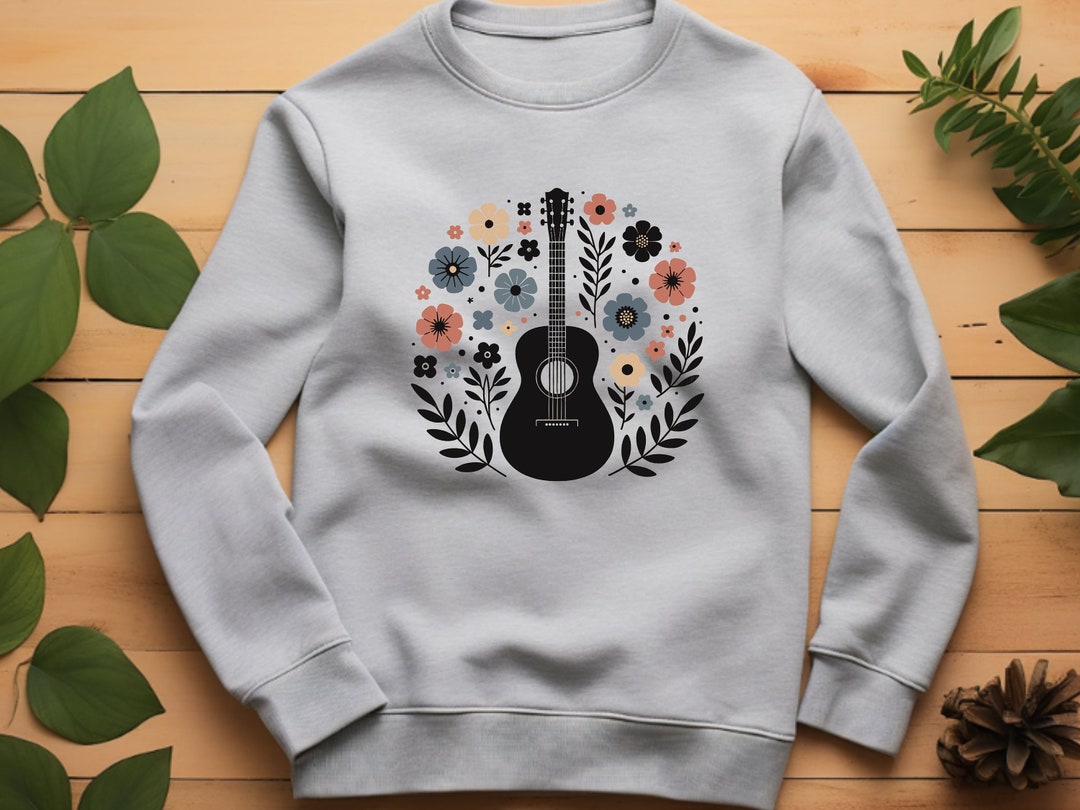 Guitar Sweater. Guitar Gift. Floral Sweater. Flower Crewneck. Guitarist