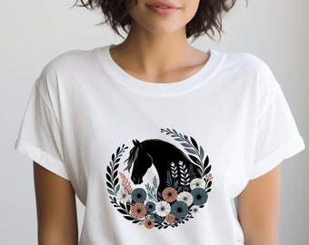 Camisa de caballo. Regalo de caballo. Camiseta floral. Camiseta de flores. Camiseta ecuestre. Camiseta para amantes de los caballos. Ropa de montar. Camisa estable. Camiseta de caballo. Camisa Poni