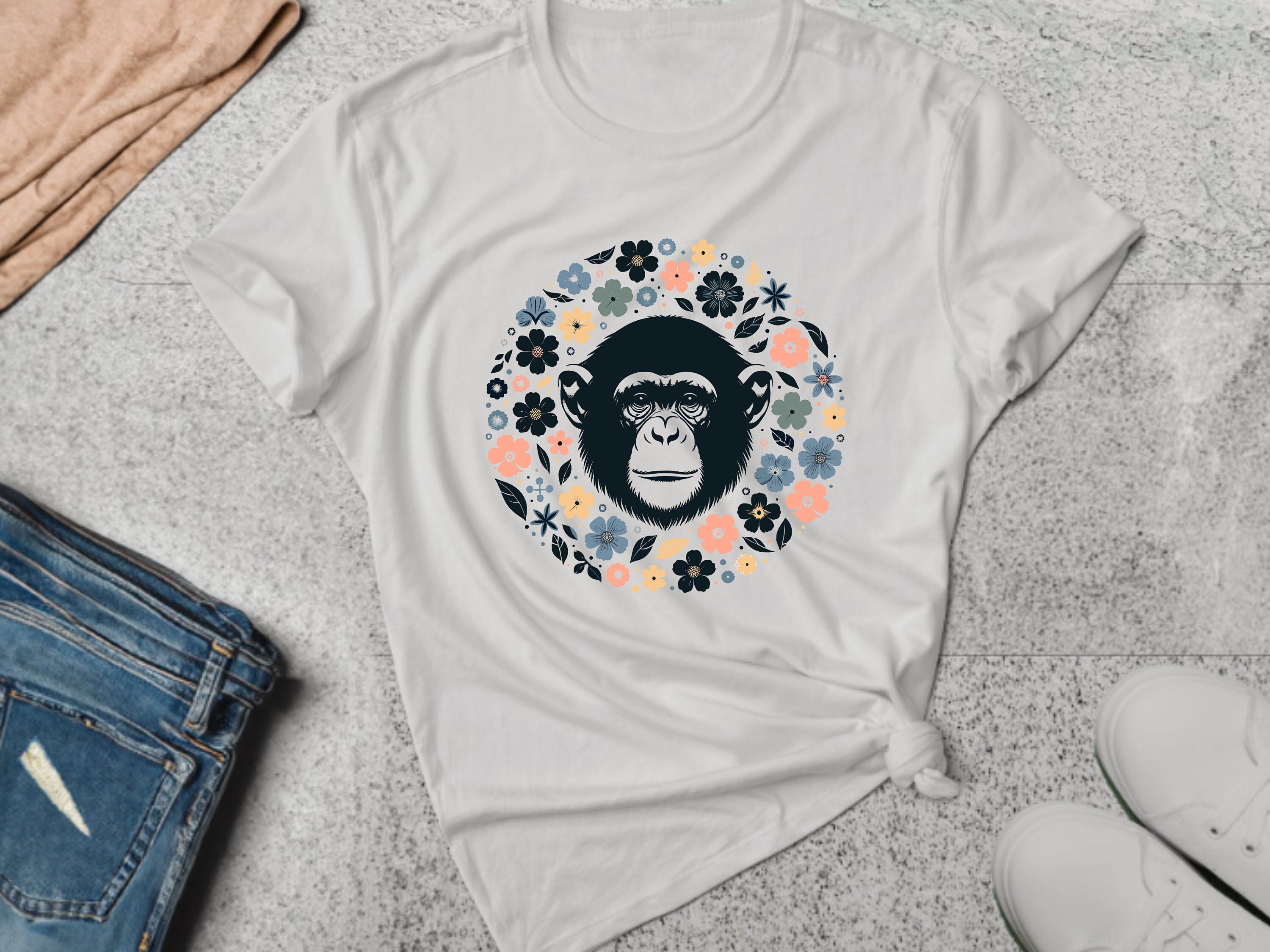Chimpanzee Shirt. Chimpanzee Gift. Floral T-shirt. Flower Shirt. Monkey Shirt. Primate Shirt. Ape Lover Tee. Monkey Lover Tee. Ape #FC185