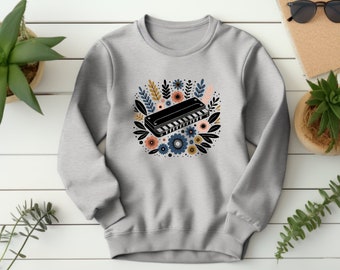 Harmonica Sweater. Harmonica Gift. Floral Sweater. Flower Sweatshirt. Music Sweater. Musician Gift. Blues Sweater. Blues Gift