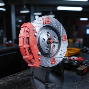 Può includere: Un orologio da parete circolare progettato per assomigliare a un disco freno automobilistico argentato con una pinza freno rossa fissata sul lato. Il quadrante presenta numeri rossi in rilievo 12, 3 e 6, lancette nere e una lancetta rossa.