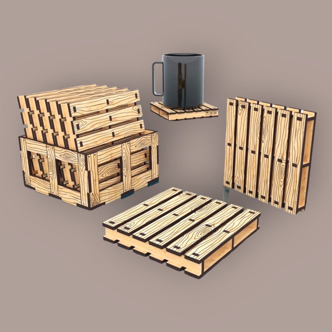 Wooden Pallet Coaster Set Laser Cut Drink Coasters, Rustic Home Decor, Set of 6 Mini Pallets W