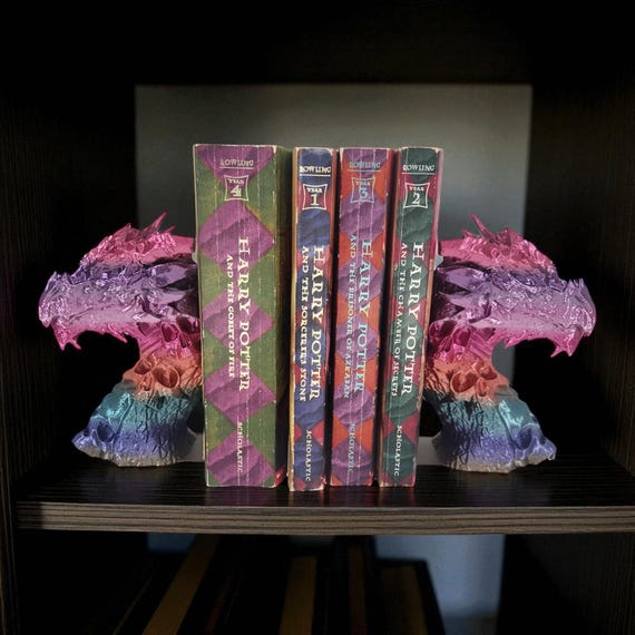Dragon Bookends, Gothic Skull Shelf Decor | 3D Printed Fantasy