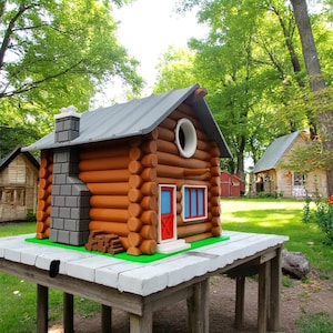 May include: A wooden log cabin birdhouse with a gray roof, a chimney, and a small door. The birdhouse is painted to look like a log cabin with a white circle for a window. The birdhouse is sitting on a wooden platform.