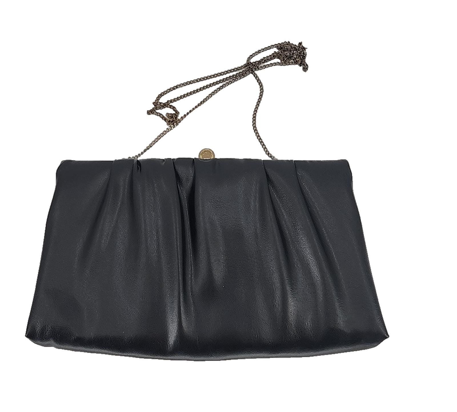 Vintage 1980s Ande Black Black Faux Leather Clutch Purse Handbag Clasp Hinged — photo 1 of 4