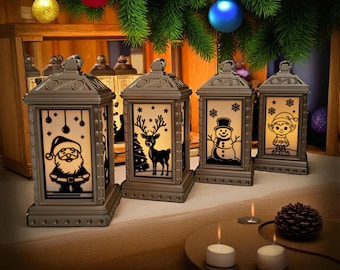 Christmas Lantern, 3D Printed Tealight Holder with Santa, Reindeer, Snowman & Elf Designs