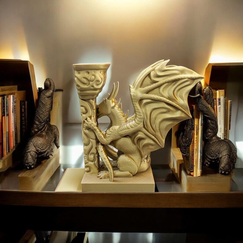 Dekoracja fantasy Dragon Bookend | Podpórka do półek na książki drukowana w 3D Left-facing bookend