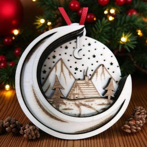 Rustic Wooden Log Cabin Forest Ornament - Charming Holiday Decor for a Cozy Christmas Bauble with Forest Scene