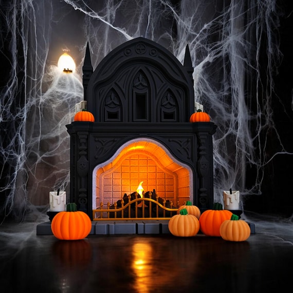 Halloween 2025 Gothic Tealight Fireplace | Version 2 | 3D Printed Spooky Pumpkin Mantle Décor