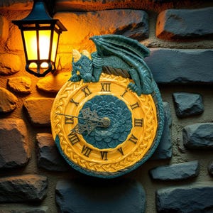 Puede incluir: Un reloj de pared decorativo con un diseño de dragón. La esfera del reloj es amarilla con números romanos y un centro floral azul. Un dragón verde descansa sobre el reloj. El reloj está montado en una pared de piedra.