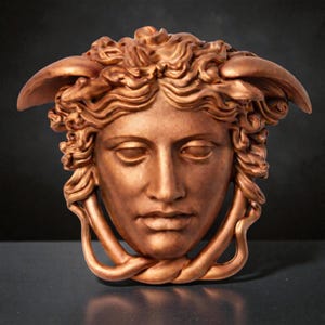 A copper-colored Medusa head sculpture with snakes for hair and under the chin, against a dark background.
