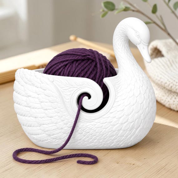 Yarn Bowl, Swan Design In 3D-Printed PLA With Spiral Guide