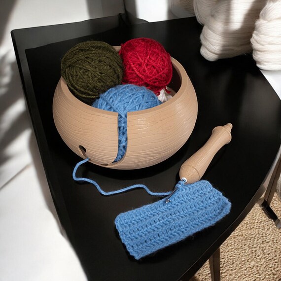 Turned Wood Style Yarn Bowl with Crochet Hook Case | 3D Printed Knitting Organizer