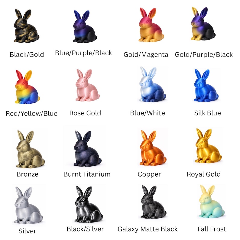 A grid of 16 metallic or multi-color rabbit figurines, each with a color label below it, including Black/Gold, Blue/Purple/Black, Gold/Magenta, Gold/Purple/Black, Red/Yellow/Blue, Rose Gold, Blue/White, Silk Blue, Bronze, Burnt Titanium, Copper