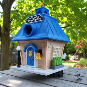 Rustic 3D Printed Birdhouse Police Station | Unique Outdoor Garden Decor | Handmade Gift Idea for Nature Lovers