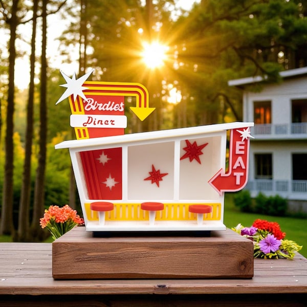 Retro Bird Feeder, 3D Printed Diner Style Garden Decor with Colorful Details