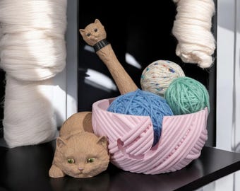 Cat Yarn Bowl with Hook Case | 3D Printed Crochet & Knitting Holder Gift