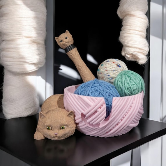 Cat Yarn Bowl with Hook Case | 3D Printed Crochet & Knitting Holder Gift