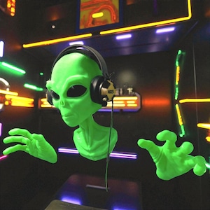 May include: A green alien figure with large black eyes and headphones. The alien's arms are outstretched, and it appears to be floating in a dark space with neon lights. The headphones have the text "HXS" on them.