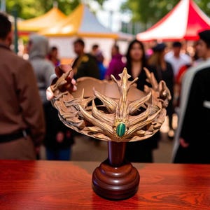 A brown, textured crown with a green gem is displayed on a wooden stand on a red table, with blurred people and tents in the background.